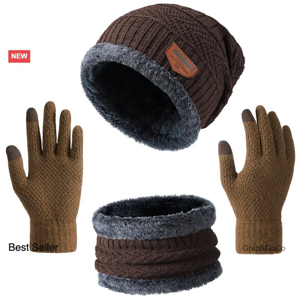 Winter Beanie Scarf Gloves Set Warm Fleece Lined Touchscreen Cap Classic Knit